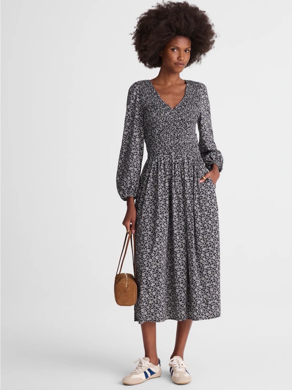 MADEWELL SMALL FLORAL Smocked V-Neck‎ Midi Dress NZ372